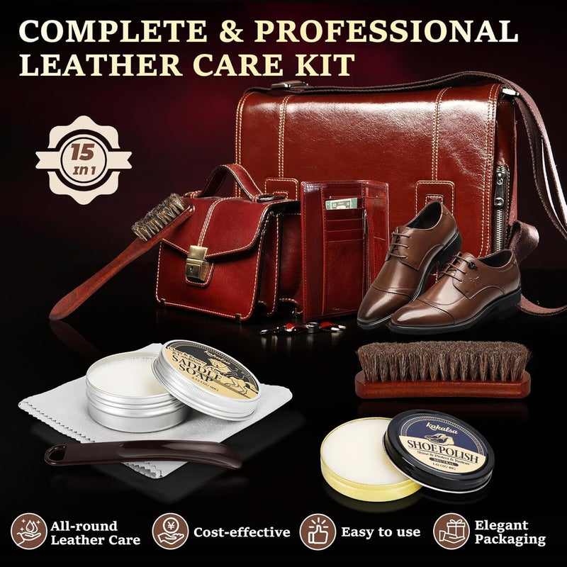 Kakalsa Shoe Shine Kit, Mens Gifts Ideas - 15PCS Shoe Polish Kit with Saddle Soap, Mink Oil, 3 Shoe Polishes, 3 Shoe Brushes and more, All-inclusive Leather Care Kit for Leather Shoe Boot Cleaning and Care - Image 2